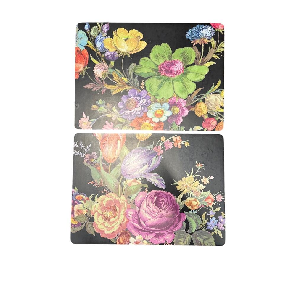 Mackenzie Childs Black Flower Market Set of 2 Placemats Used